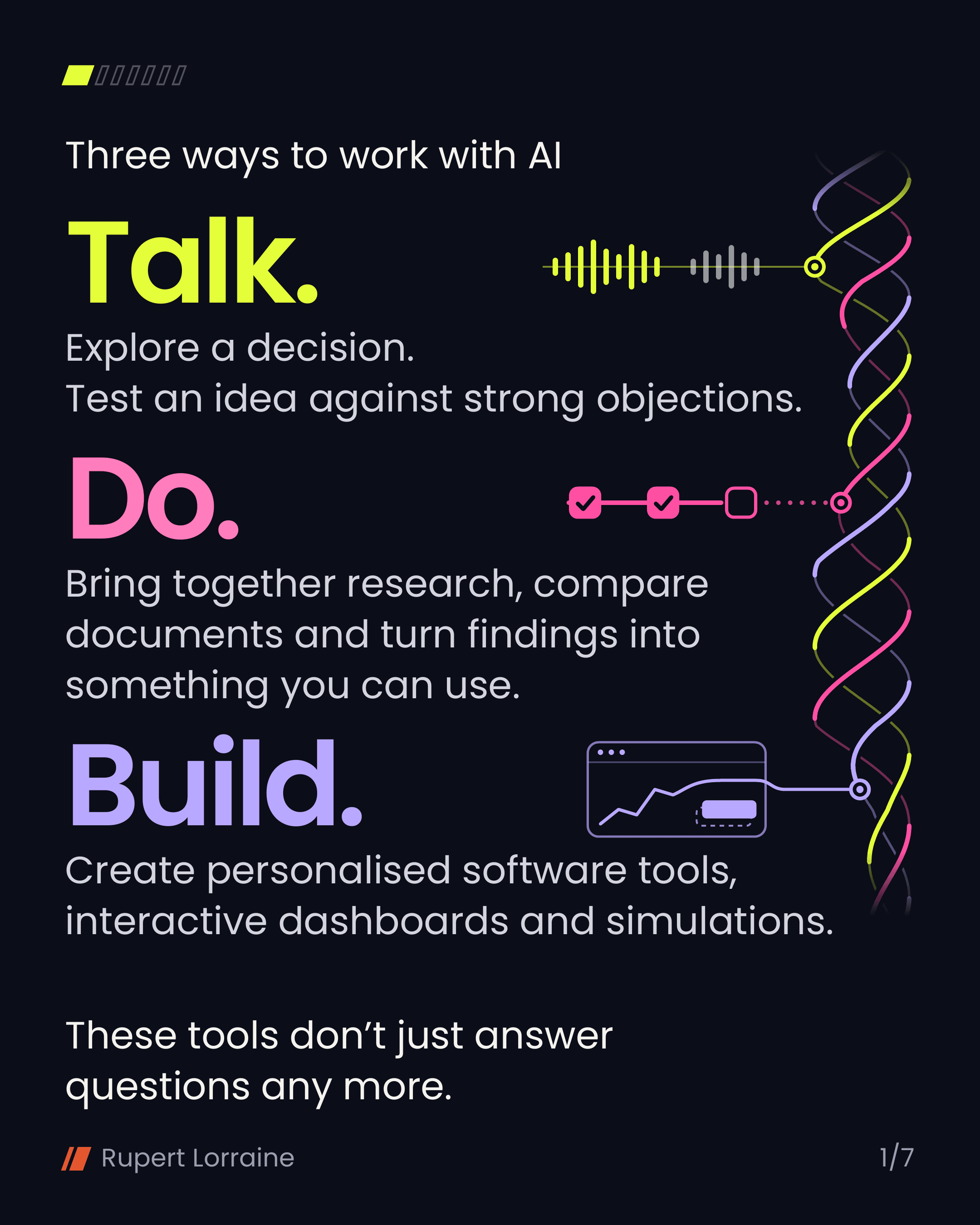 Talk, Do and Build drawn as three strands of one helix, each joined to it by its own line: two voices taking turns, a task track with two steps ticked, and a small tool with a chart.