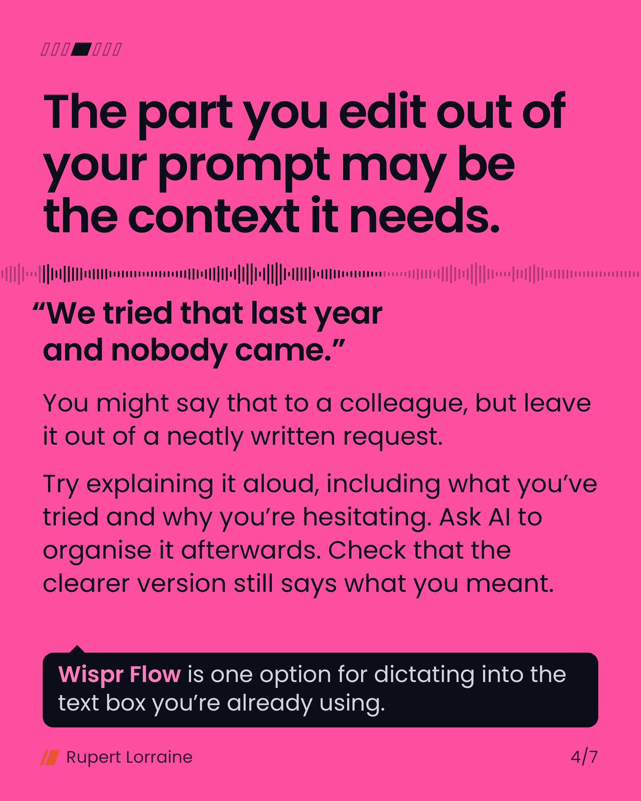A voiceprint of someone explaining aloud, with the passage they would leave out of a written request lit.