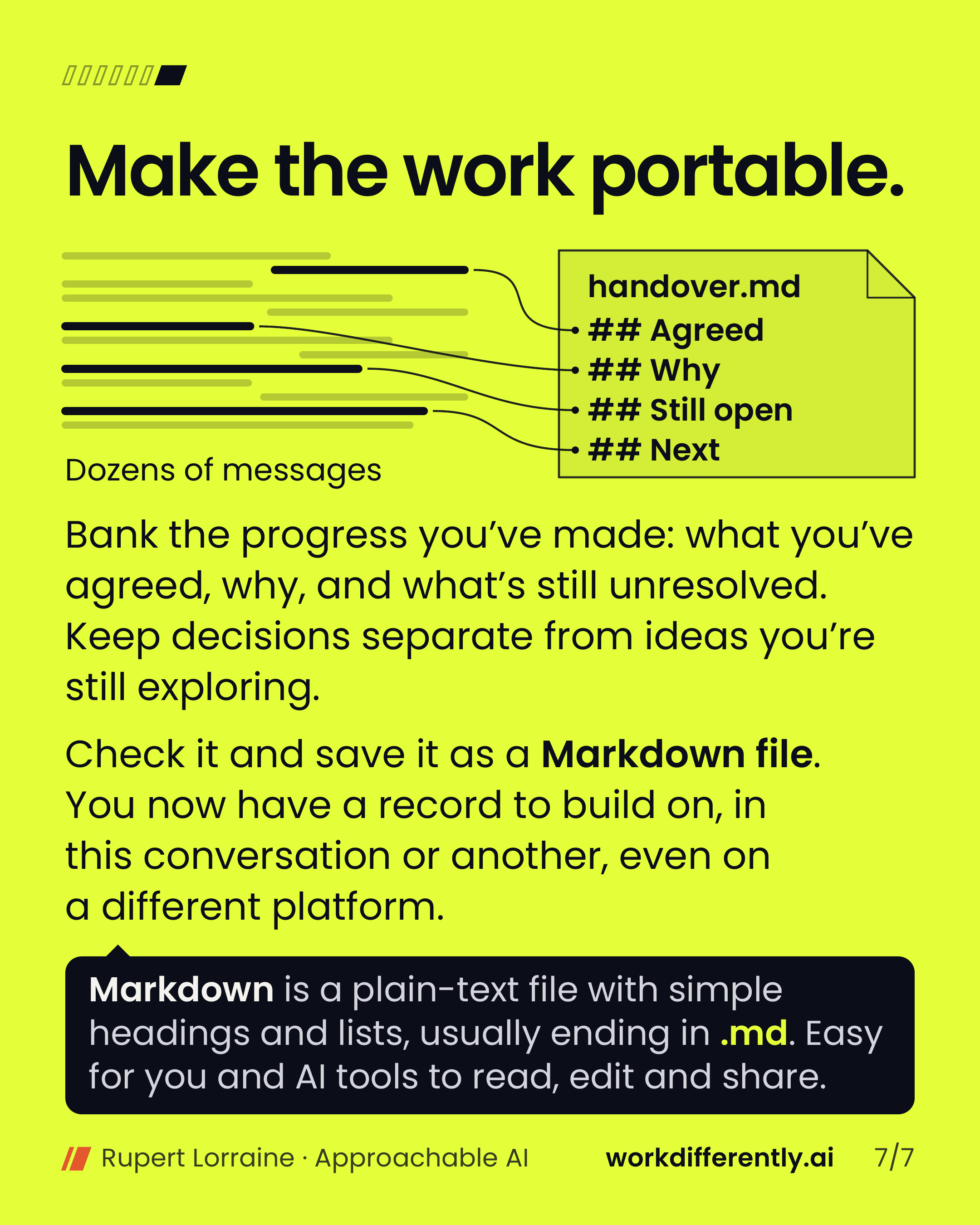 Dozens of messages, with four useful moments gathered into a file called handover.md, under the headings Agreed, Why, Still open and Next.