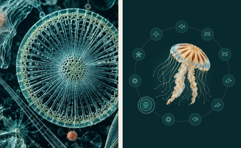 Generated marine artwork beside one of the project’s interactive views