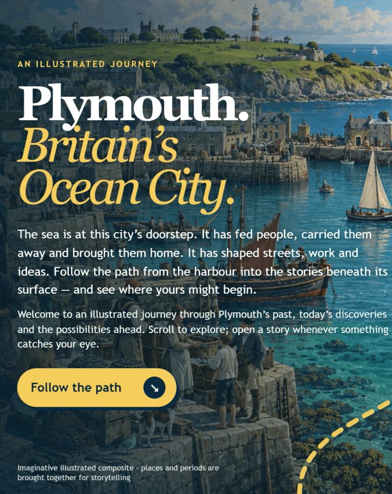 The opening scene of the illustrated journey: Plymouth harbour, painted