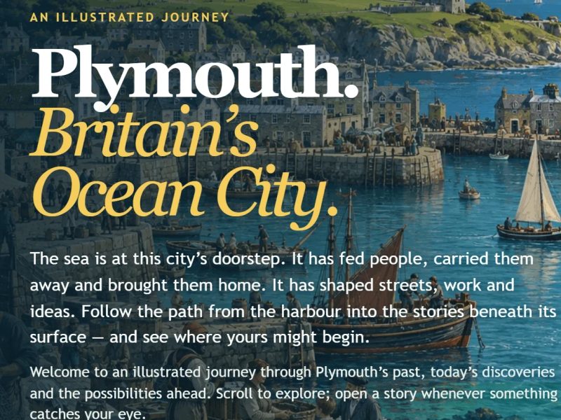 The opening scene of the illustrated journey: Plymouth harbour, painted