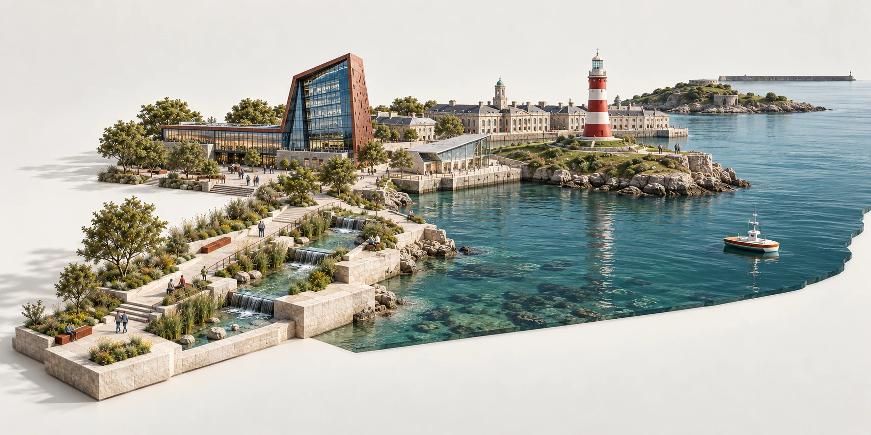 Illustrated montage of Plymouth landmarks: the copper-clad Roland Levinsky Building, Smeaton’s red and white lighthouse, historic waterfront buildings, a planted rill and the Sound.