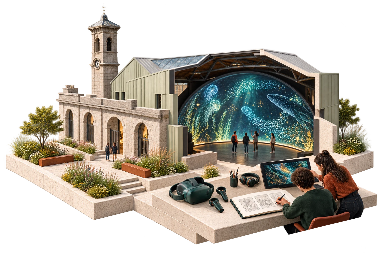 Cutaway illustration inspired by Market Hall: an audience inside a dome filled with a projected underwater scene, with young creators nearby using a storyboard, a drawing tablet, headphones and a VR headset.