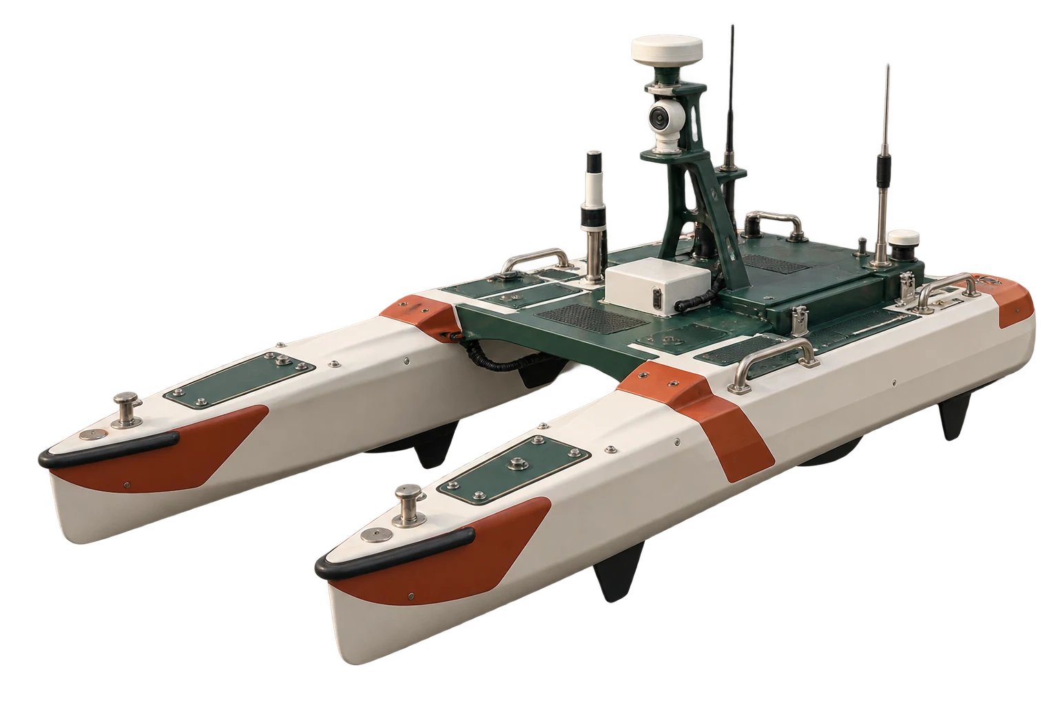 Illustration of a small twin-hulled survey craft, with a mast of sensors and no person aboard.