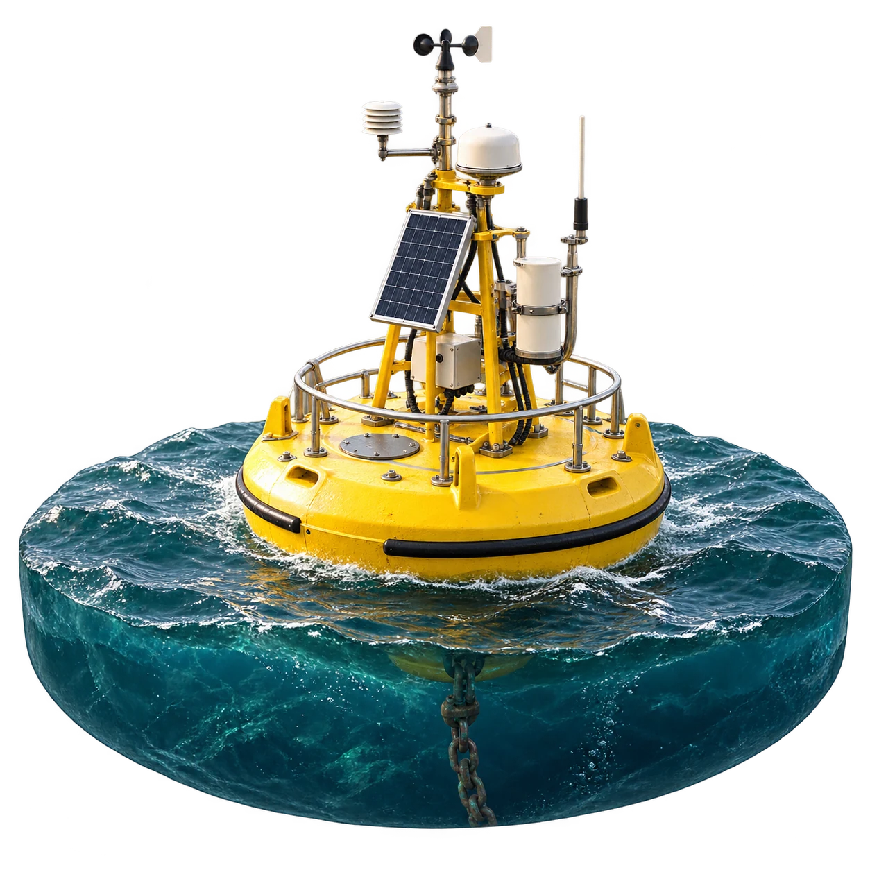 Illustration of a yellow ocean observation buoy with a solar panel and instruments, floating on the sea.